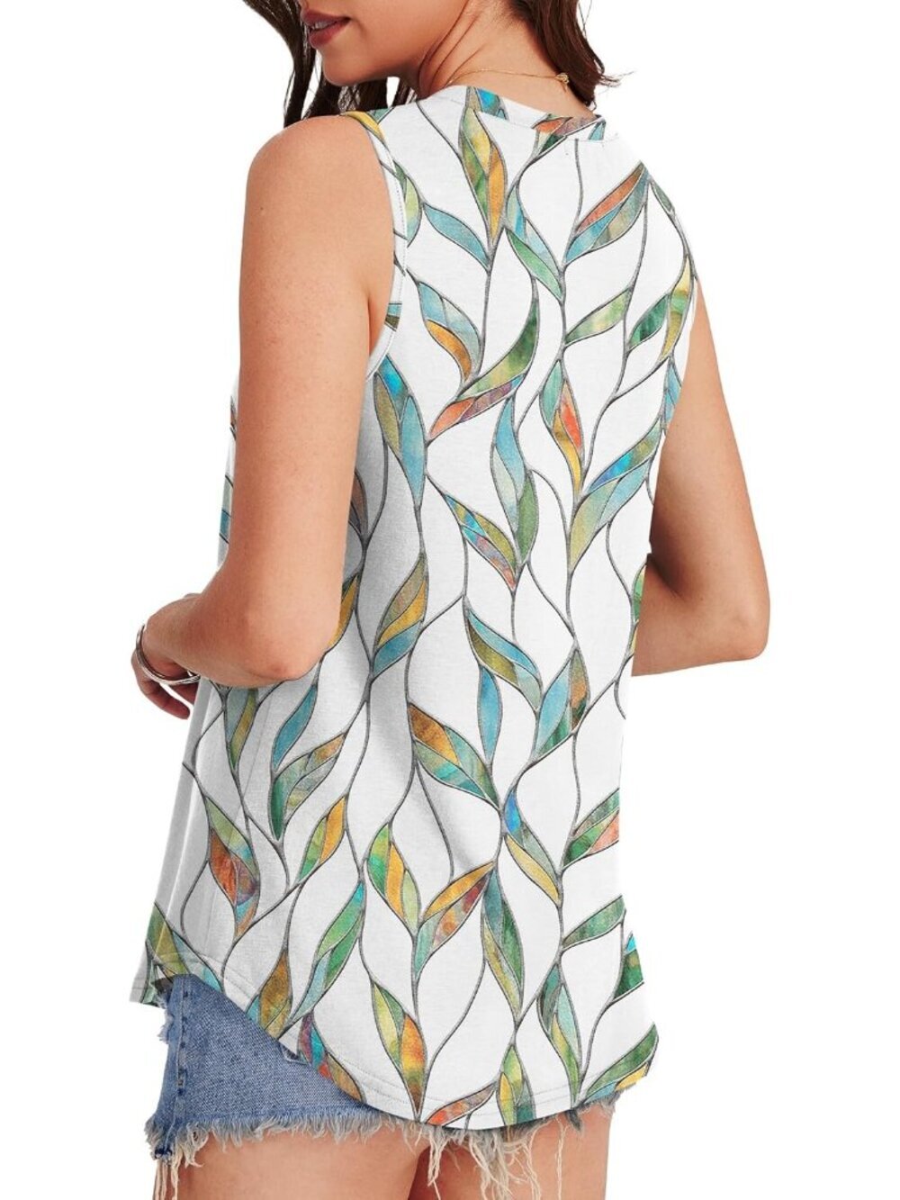 Women's Pattern Colorful High Neck Tank Loose Sleeveless Wear Summer Tunic Top - Picture 5 of 5